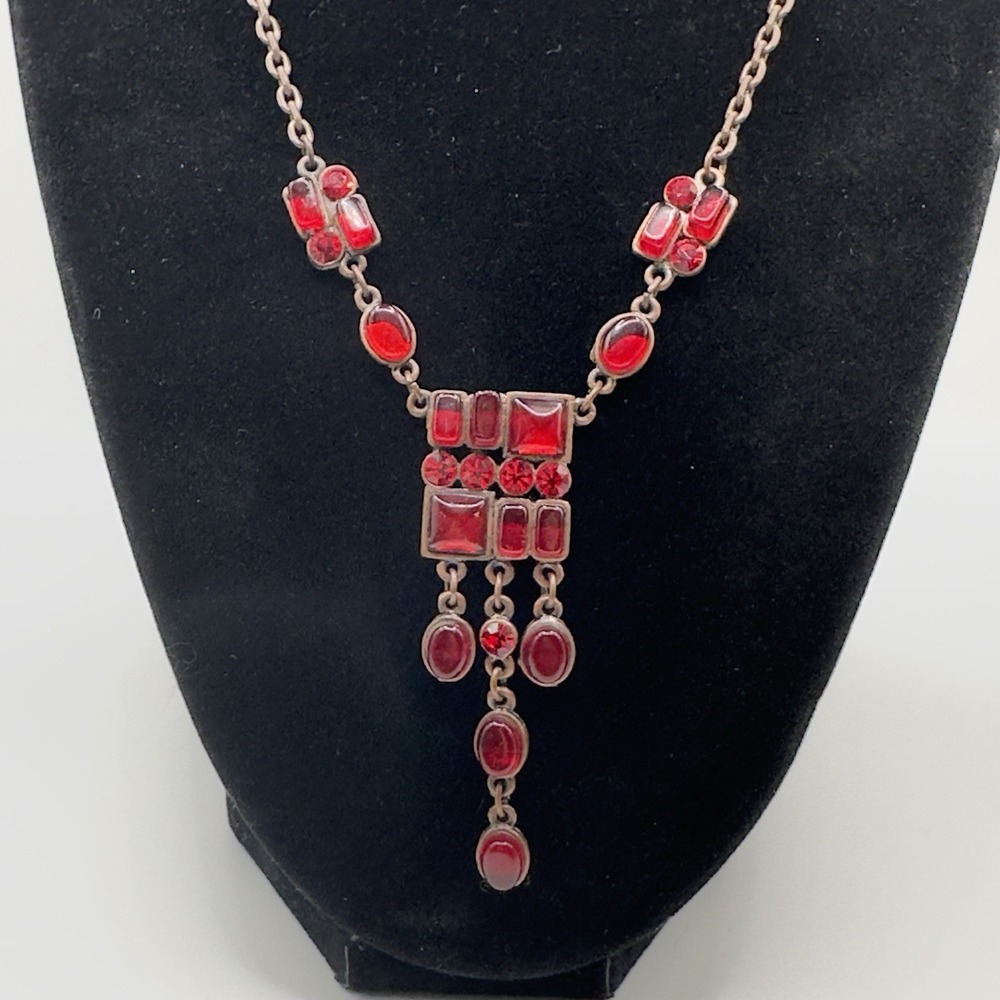 Art Deco Inspired Necklace Bronze Tone Red Lucite Dangles Adjustable 16" - 19"